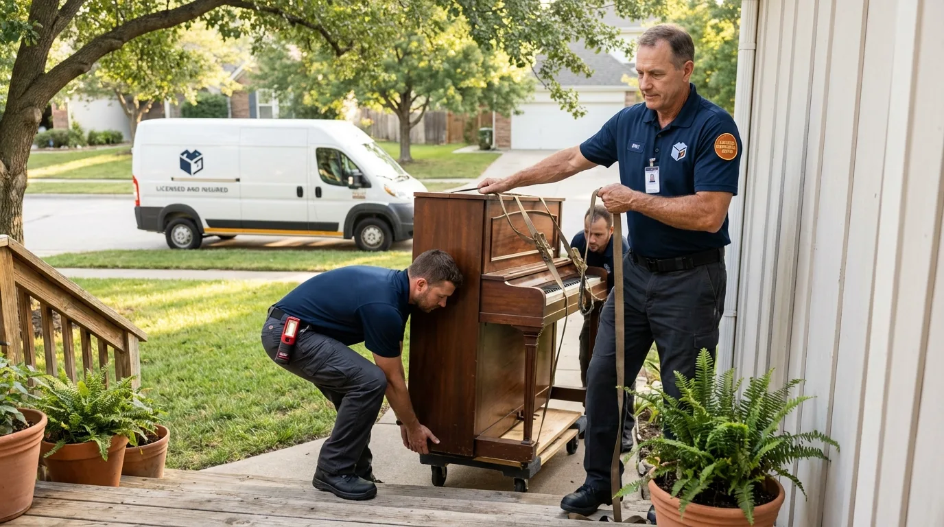 Licensed piano movers securing grand piano in Box Elder, SD
