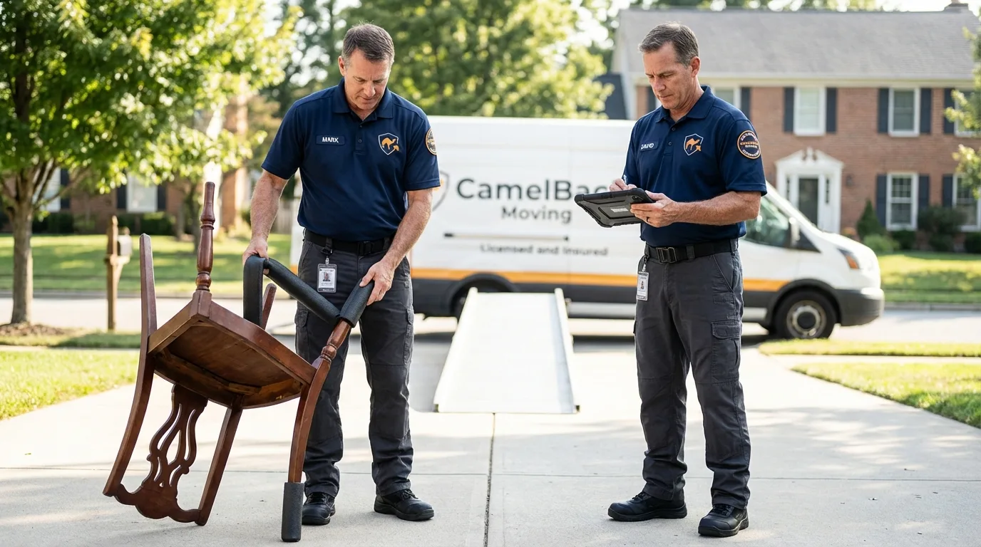 Movers inspecting furniture for damage prevention before loading in Box Elder, SD
