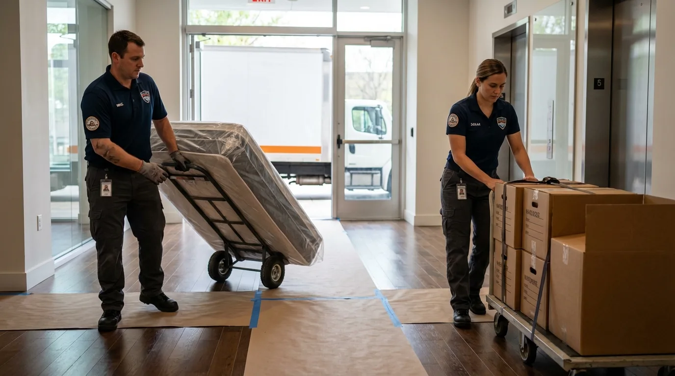 Professional apartment movers loading elevator in Box Elder, SD