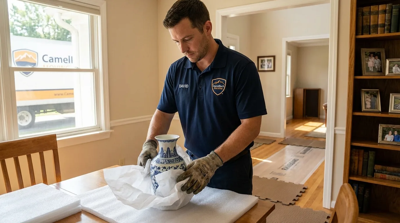 Professional crew carefully wrapping antique vase for senior downsizing move in Box Elder, SD